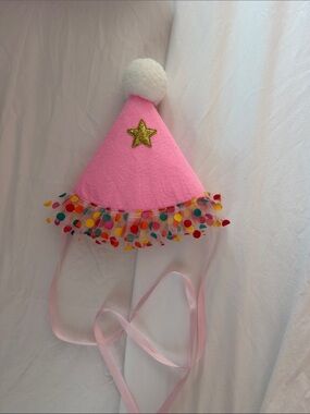 Pink Kids Party Cone Hat with White Pom and Gold Star